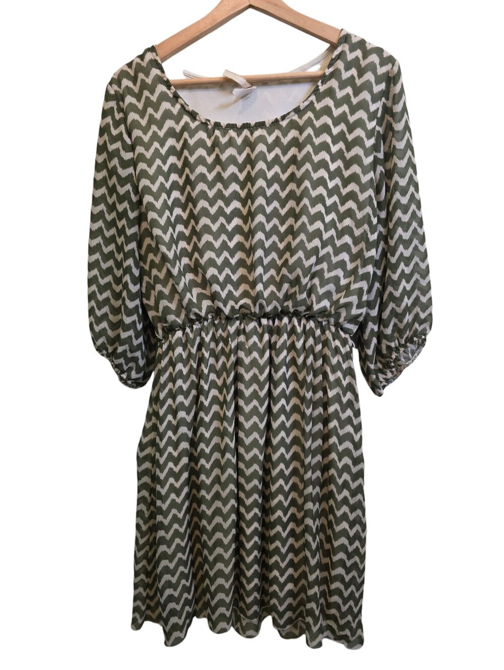 Espresso Vintage Y2k Chevron Squiggle Print Blouson Mini Dress Green & Cream 1X
